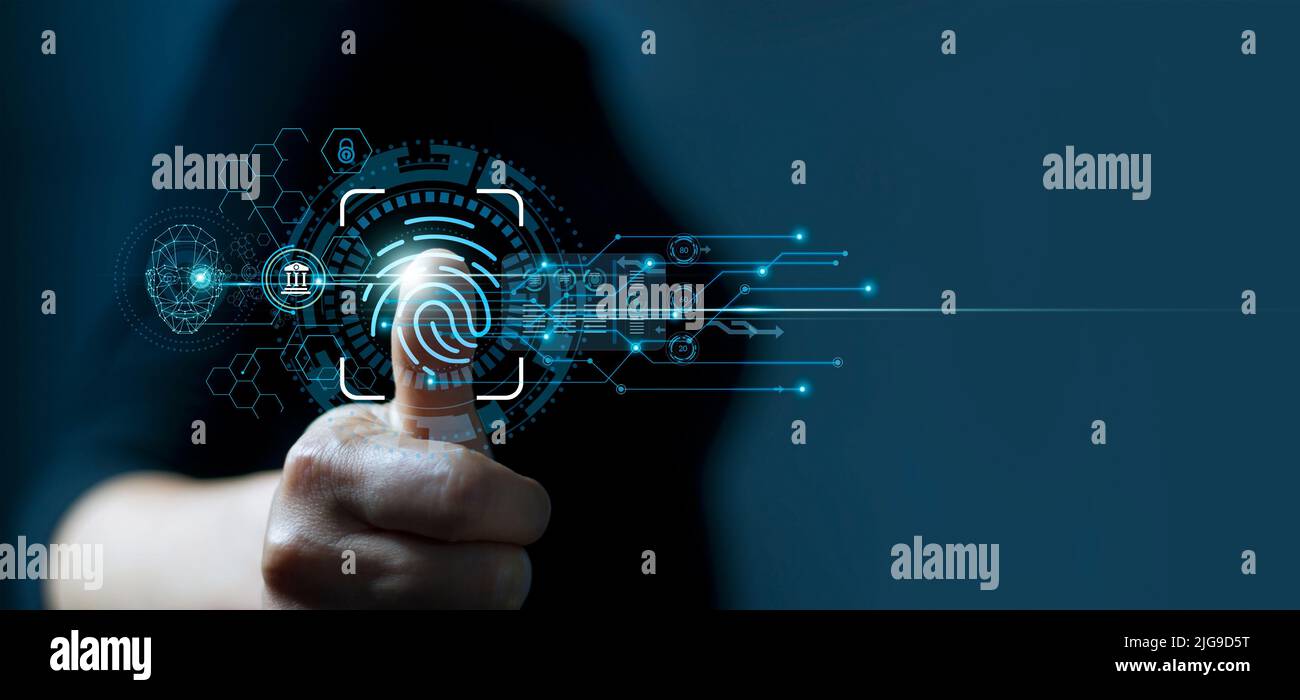 Businessman using fingerprint identification to access personal ...