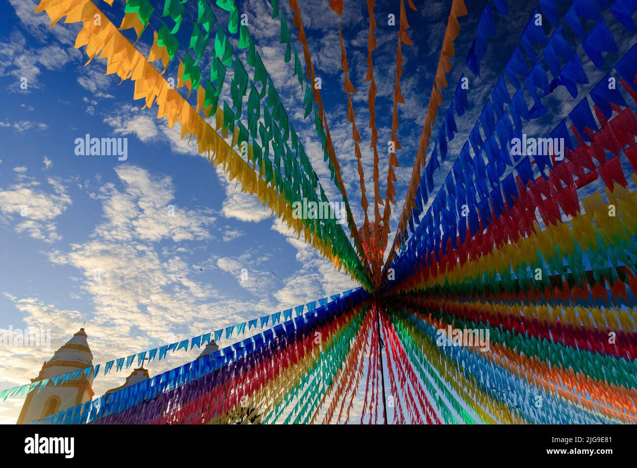 decoration of são joão - colorful flags and decorative balloon decorate festa junina in brazil Stock Photo