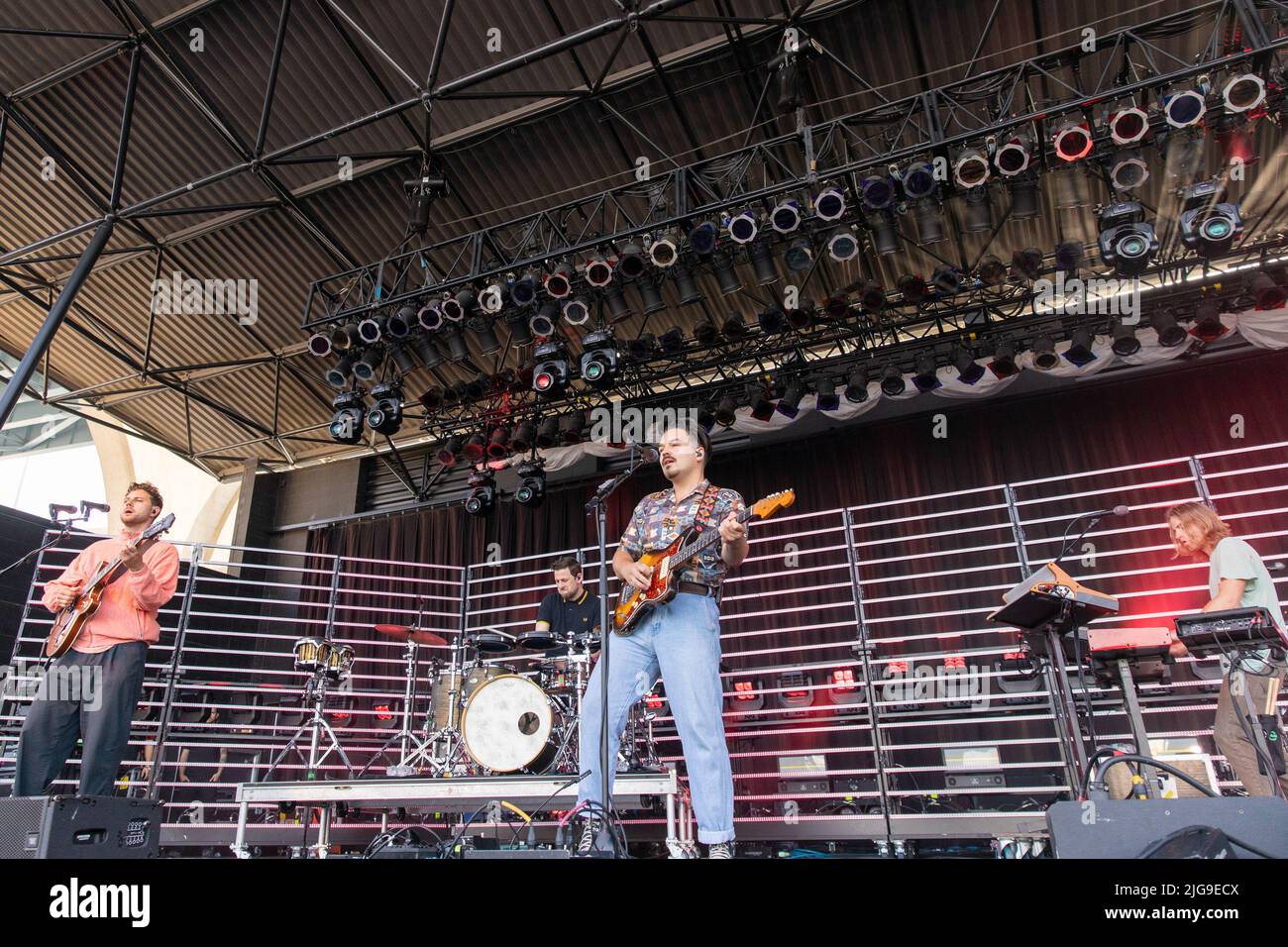 Milwaukee, USA. 07th July, 2022. Philipp Dausch, Sebastian Schmidt, Clemens Rehbein and Antonio Greger of Milky Chance at Summerfest Music Festival on July 7, 2022, in Milwaukee, Wisconsin (Photo by Daniel DeSlover/Sipa USA) Credit: Sipa USA/Alamy Live News Stock Photo