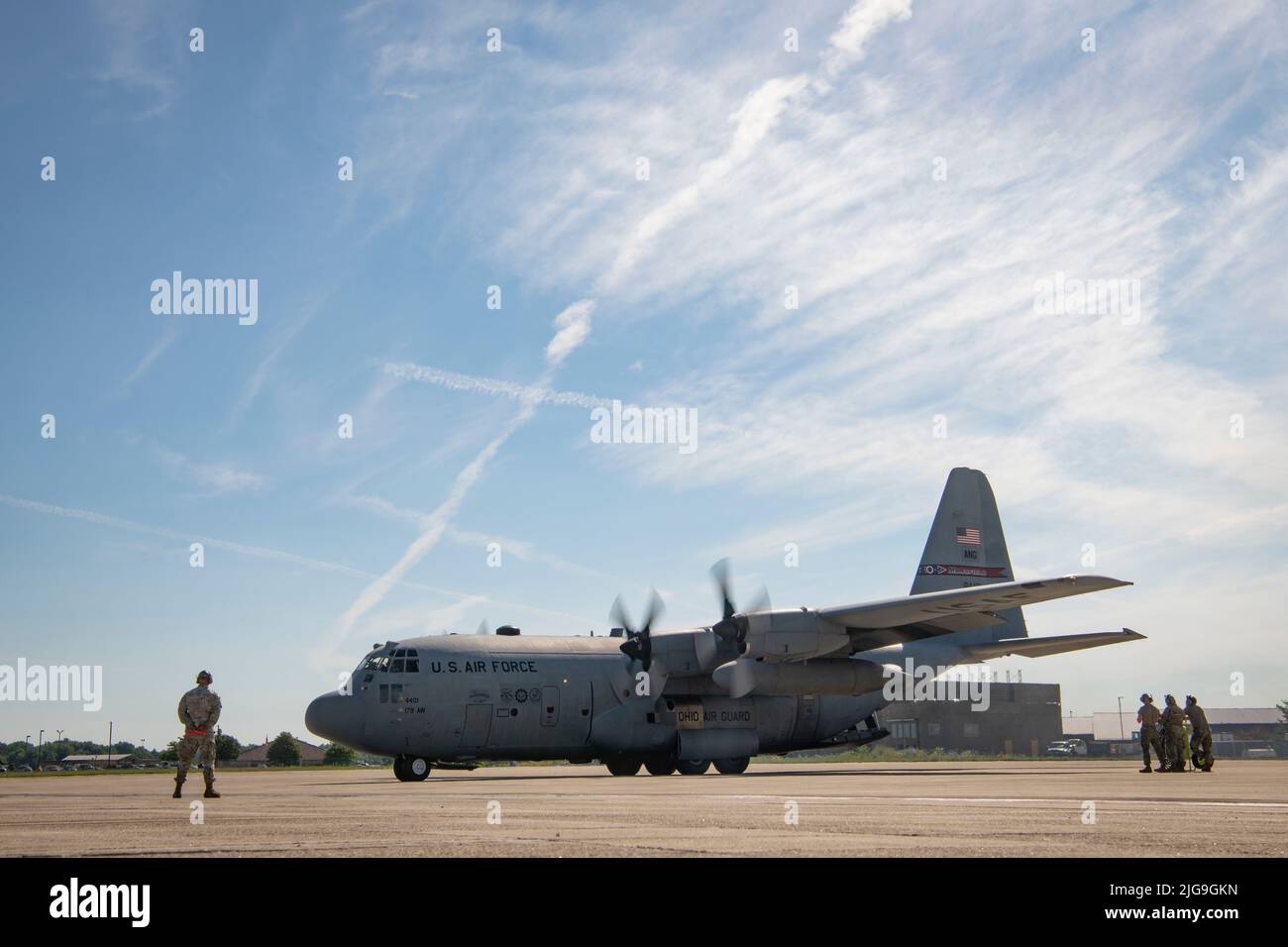 The last C-130H Hercules prepares to depart from the 179th Airlift Wing at Mansfield Lahm ANGB, Ohio, July 7, 2022. This aircraft, tail 88-4401, will retire and become a static display at the MAPS Air Museum (Military Aviation Preservation Society), an internationally known museum of aviation in North Canton, Ohio. After being selected to become the nation's first Air National Guard Cyber Wing, the unit is transitioning from flying the C-130H Hercules to a new mission assigned to Air Combat Command. (U.S. Air National Guard photo by Master Sgt. Joe Harwood) Stock Photo