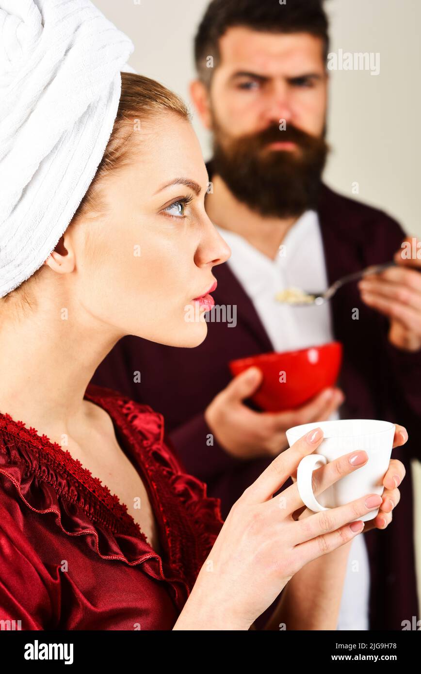 Couple having breakfast. Husband and wife. Coffee in morning. Love, romantic lifestyle Stock Photo