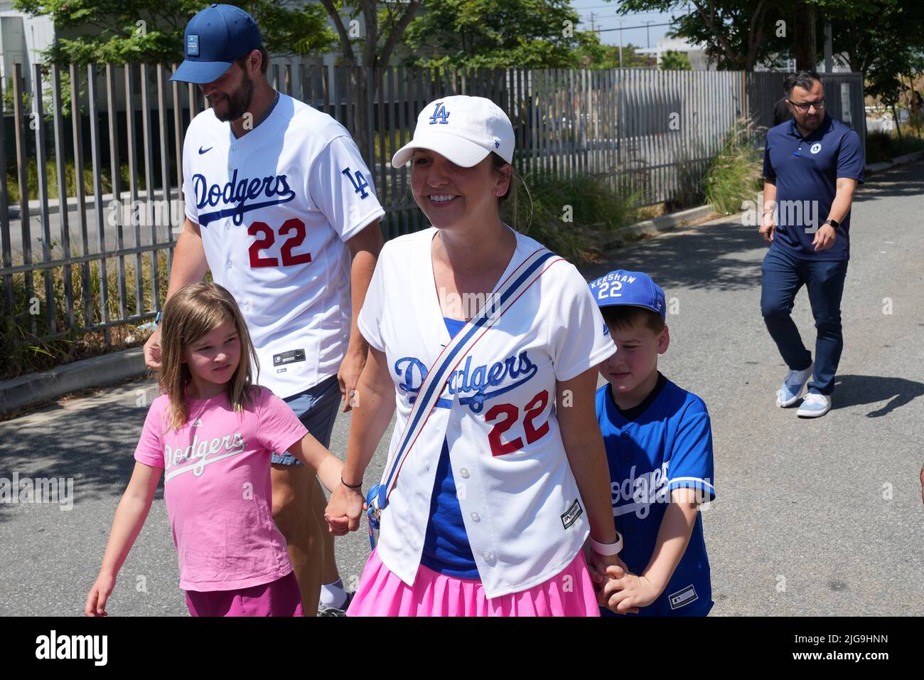 Los Angeles Dodgers pitcher Clayton Kershaw and wife Ellen Kershaw arrive with children Cali Kershaw and Charley Kershaw and son Charley Kershaw at Dodgers Foundation and MLB All-Star Legacy initiative project, Friday, July 8, 2022, in Los Angeles. Stock Photo