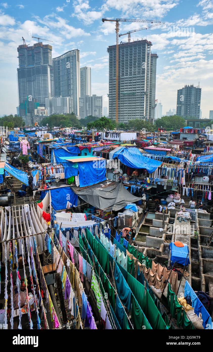 Dhobi Ghat Mahalaxmi Dhobi Ghat is an open air laundromat lavoir in Mumbai, India with laundry drying on ropes Stock Photo