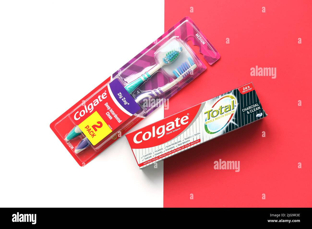TERNOPIL, UKRAINE JUNE 23, 2022 Colgate toothpaste and toothbrushes