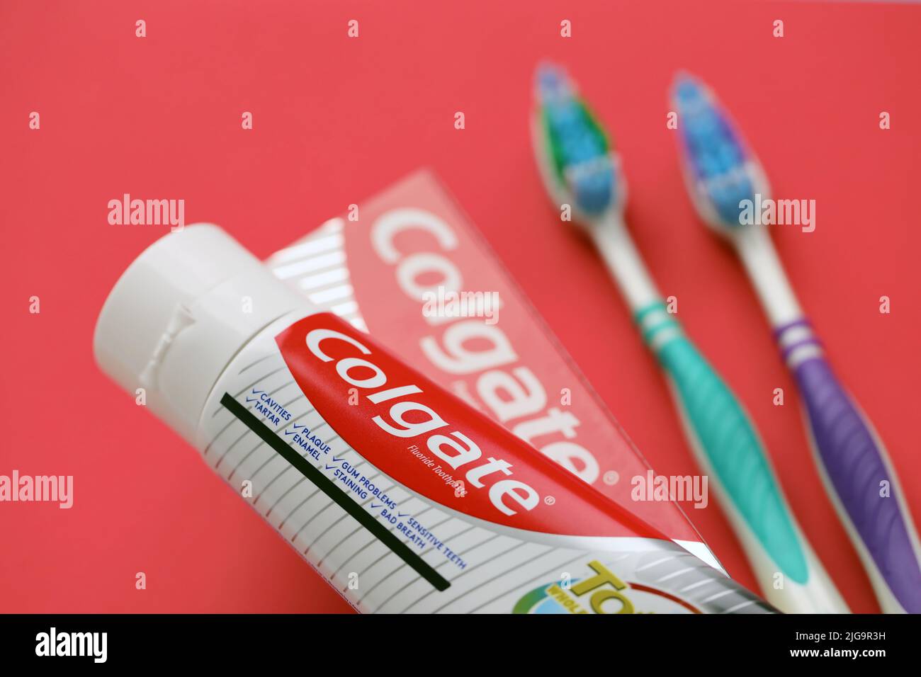 TERNOPIL, UKRAINE JUNE 23, 2022 Colgate toothpaste and toothbrushes