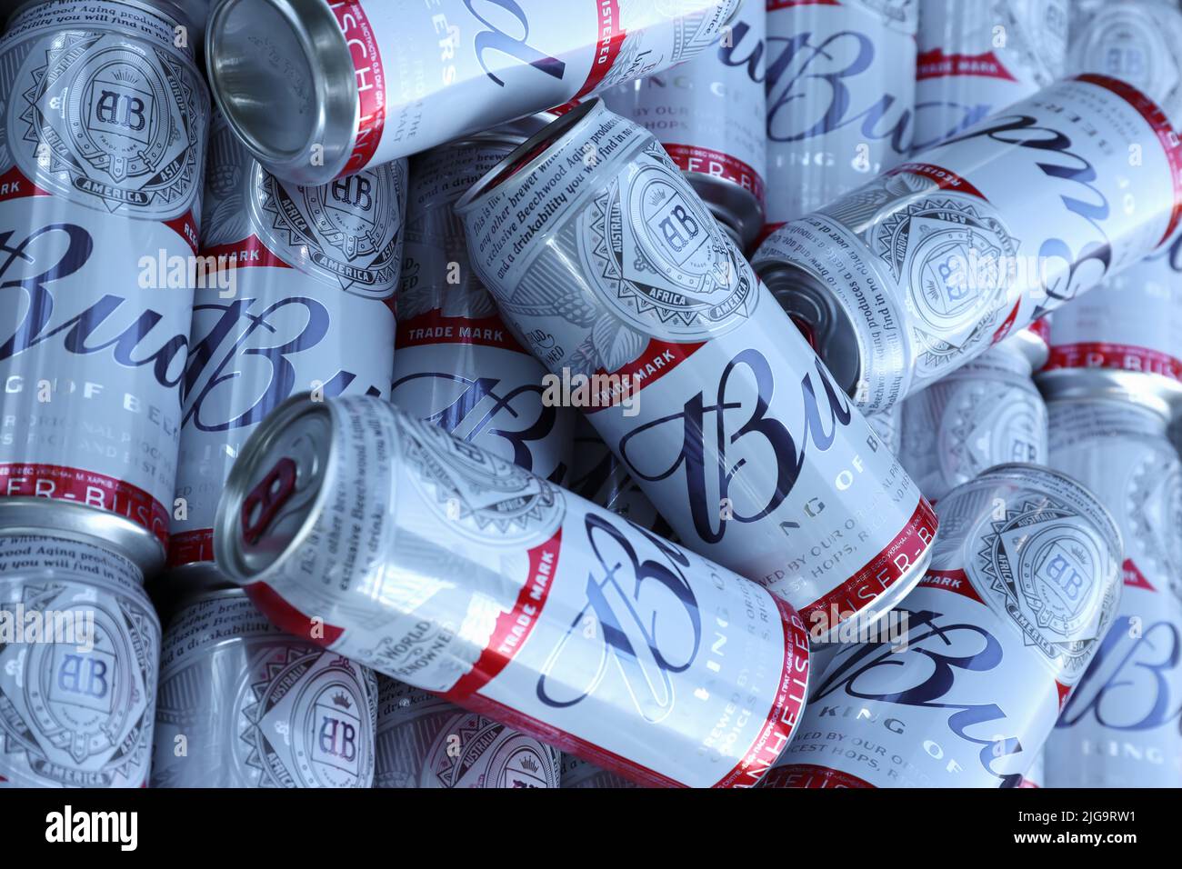 SUMY, UKRAINE AUGUST 01, 2021 Many Cans of Budweiser Lager Alcohol