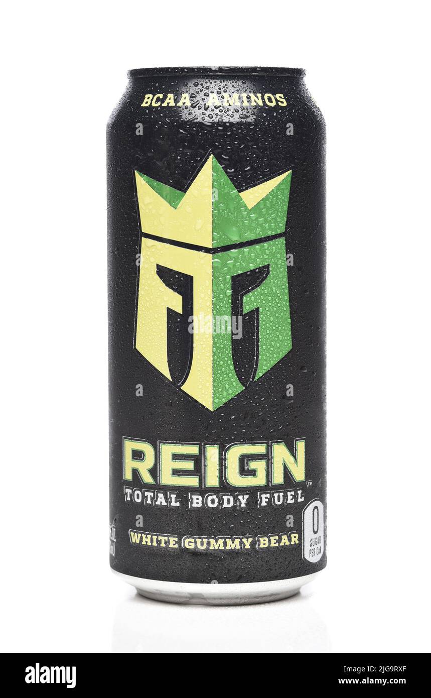 IRVINE, CALIFORNIA - 23 JUN 2022: A can of Reign Total Body Fuel White Gummy Bear Stock Photo