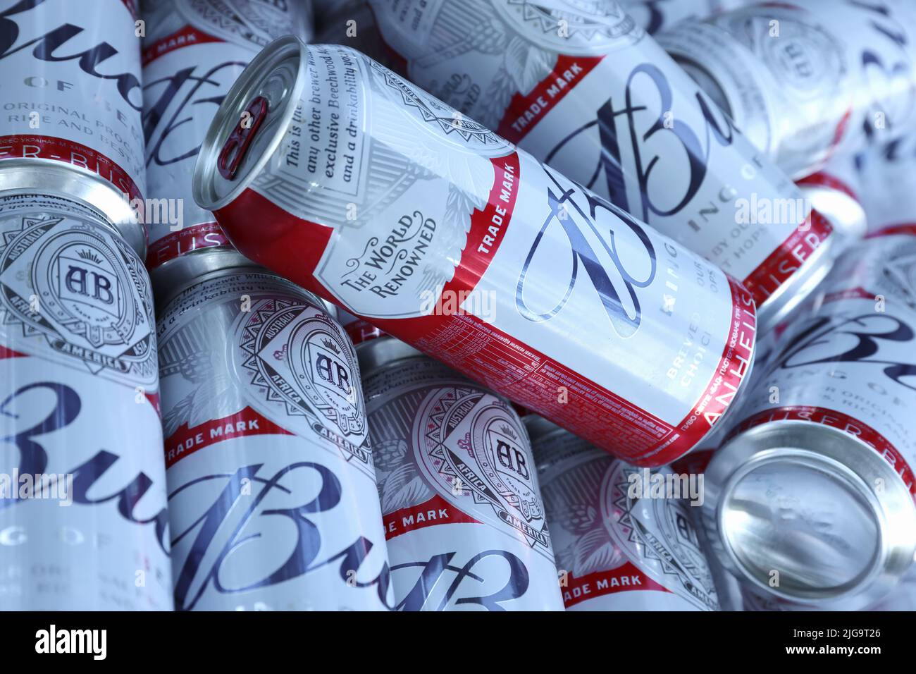 SUMY, UKRAINE AUGUST 01, 2021 Many Cans of Budweiser Lager Alcohol
