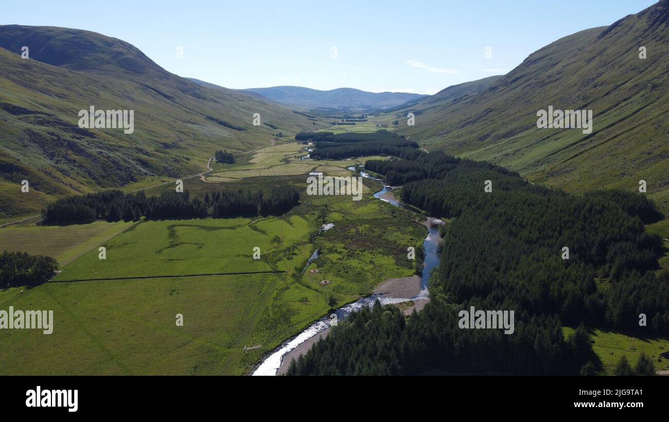 Aerial view of Glen Clova in the Scottish Highlands of Angus Scotland UK Stock Photo