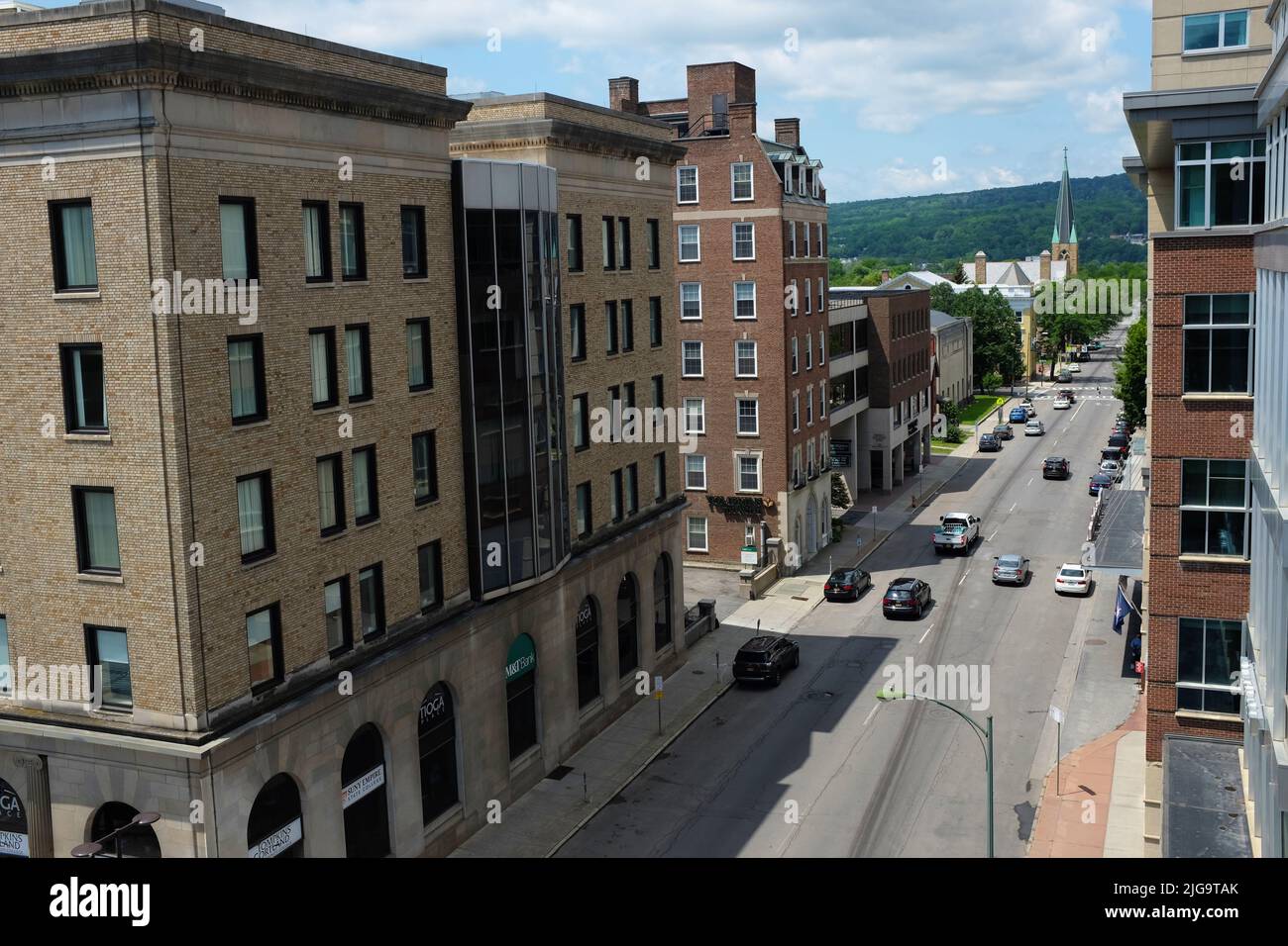 ITHACA, NEW YORK 20 JUNE 2021 Looking up Seneca Street in Downtown