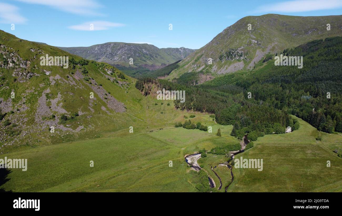Aerial view of Glen Clova in the Cairngorms National Park of Angus, Scotland, UK Stock Photo