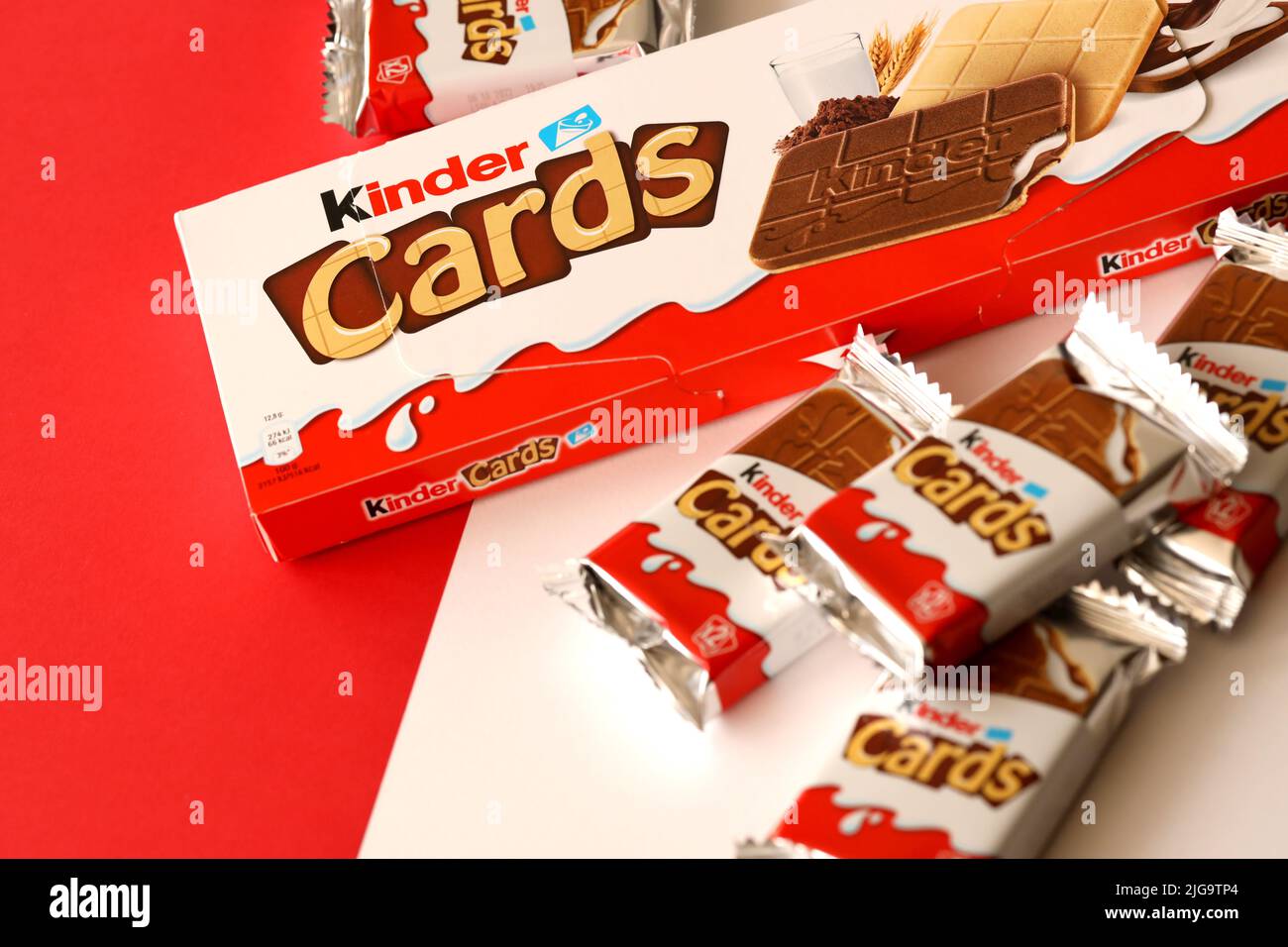 TERNOPIL, UKRAINE - JUNY 3, 2022: Kinder Chocolate Cards product