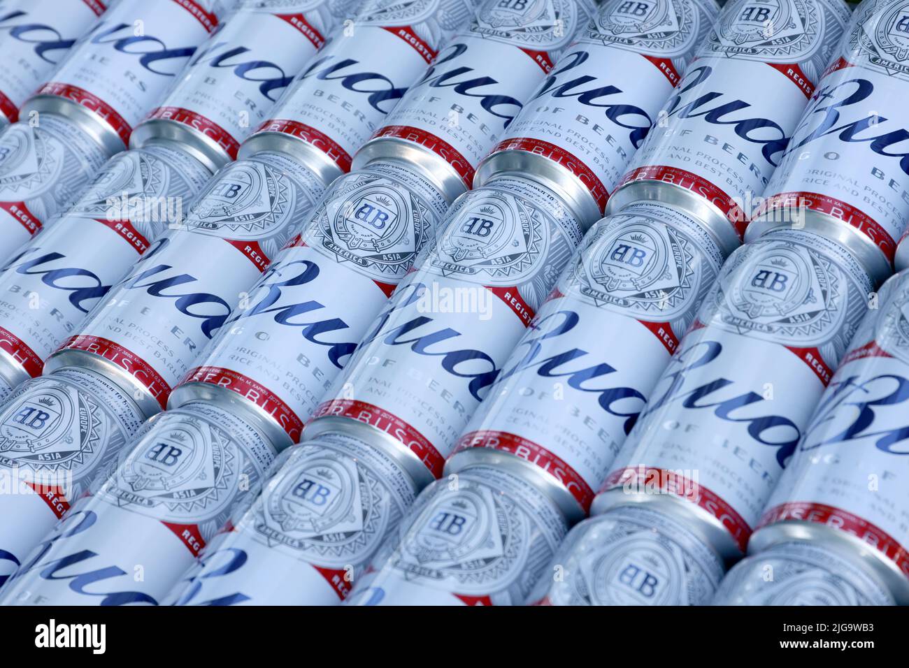 SUMY, UKRAINE AUGUST 01, 2021 Many Cans of Budweiser Lager Alcohol