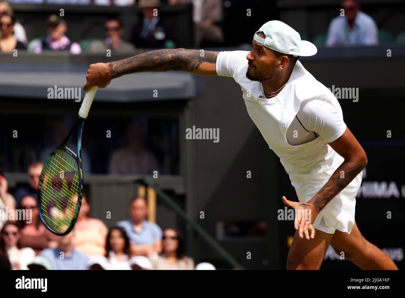 4 July 2022, All England Lawn Tennis Club, Wimbledon, London, United Kingdom Australias Nick Kyrgios serving to American Brandon Nakashima during their fourth round match on Center Court today at Wimbledon