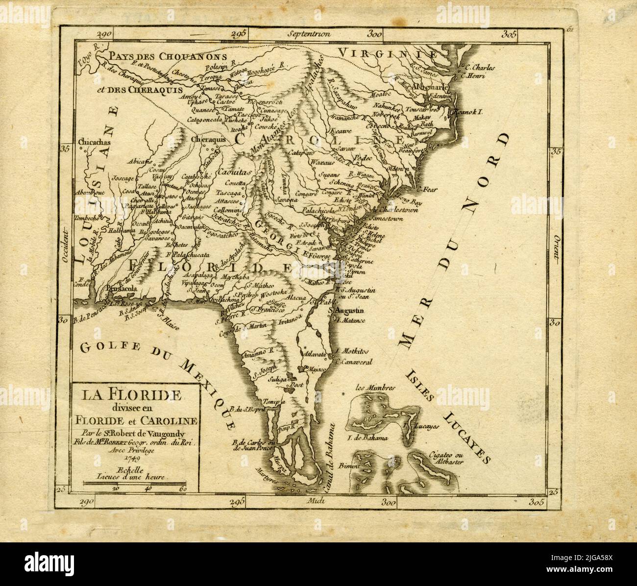 French Map of Florida and Carolinas, 1749, by Gilles Robert de Vaugondy Stock Photo