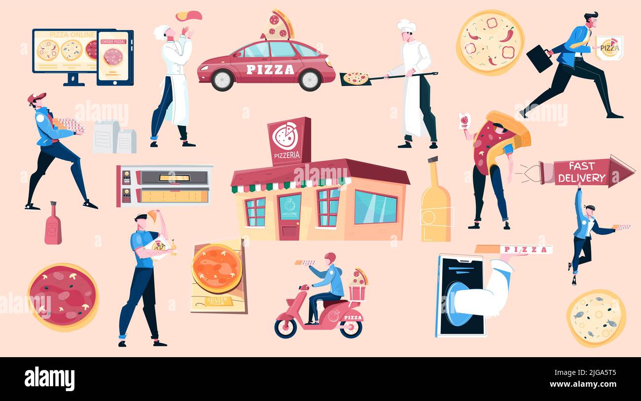 Pizza and people flat set pizzeria house chef making pizza courier and