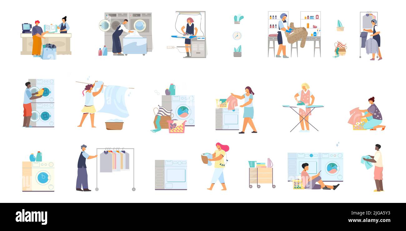 Set of isolated laundry icons and flat images of washing machines racks with clothes and people vector illustration Stock Vector