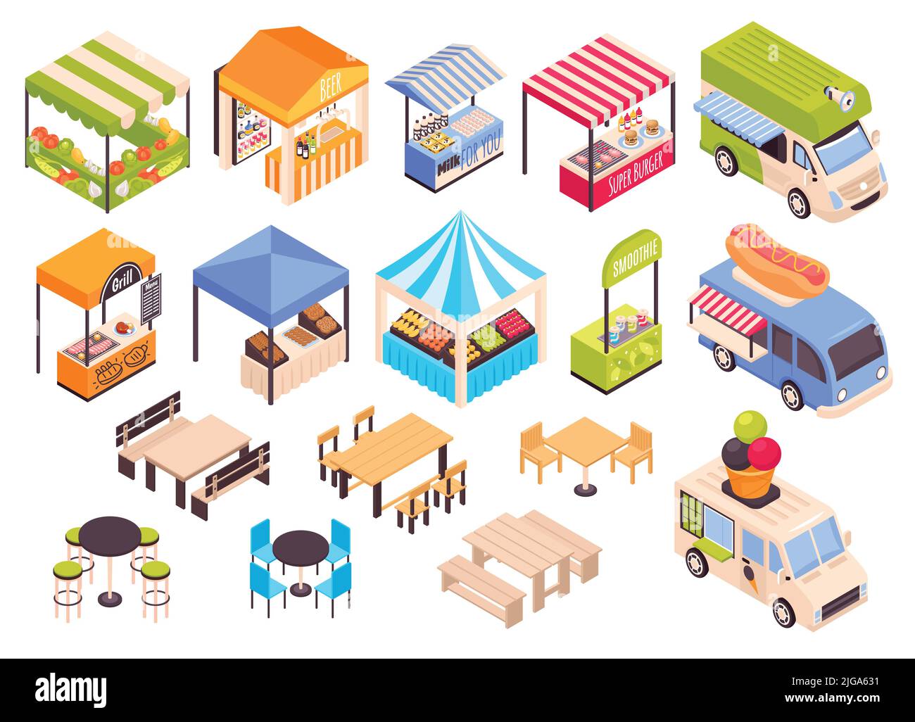 Isometric food courts fair marketplace set with isolated images of market stalls with seats and tables vector illustration Stock Vector