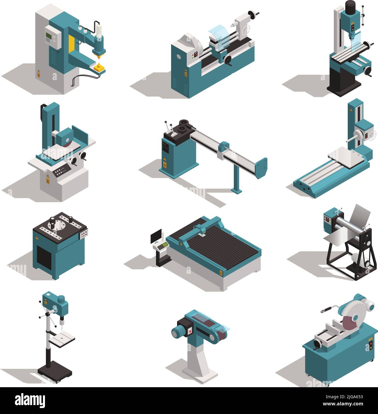 Metalworking equipment isometric set with metal turning lathe cutting drilling bending rod rolling machines isolated vector illustration Stock Vector