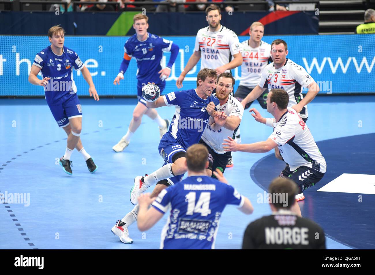 Olafur Gudmundsson (Iceland) against Norway. EHF Euro 2022. 5th place match Stock Photo