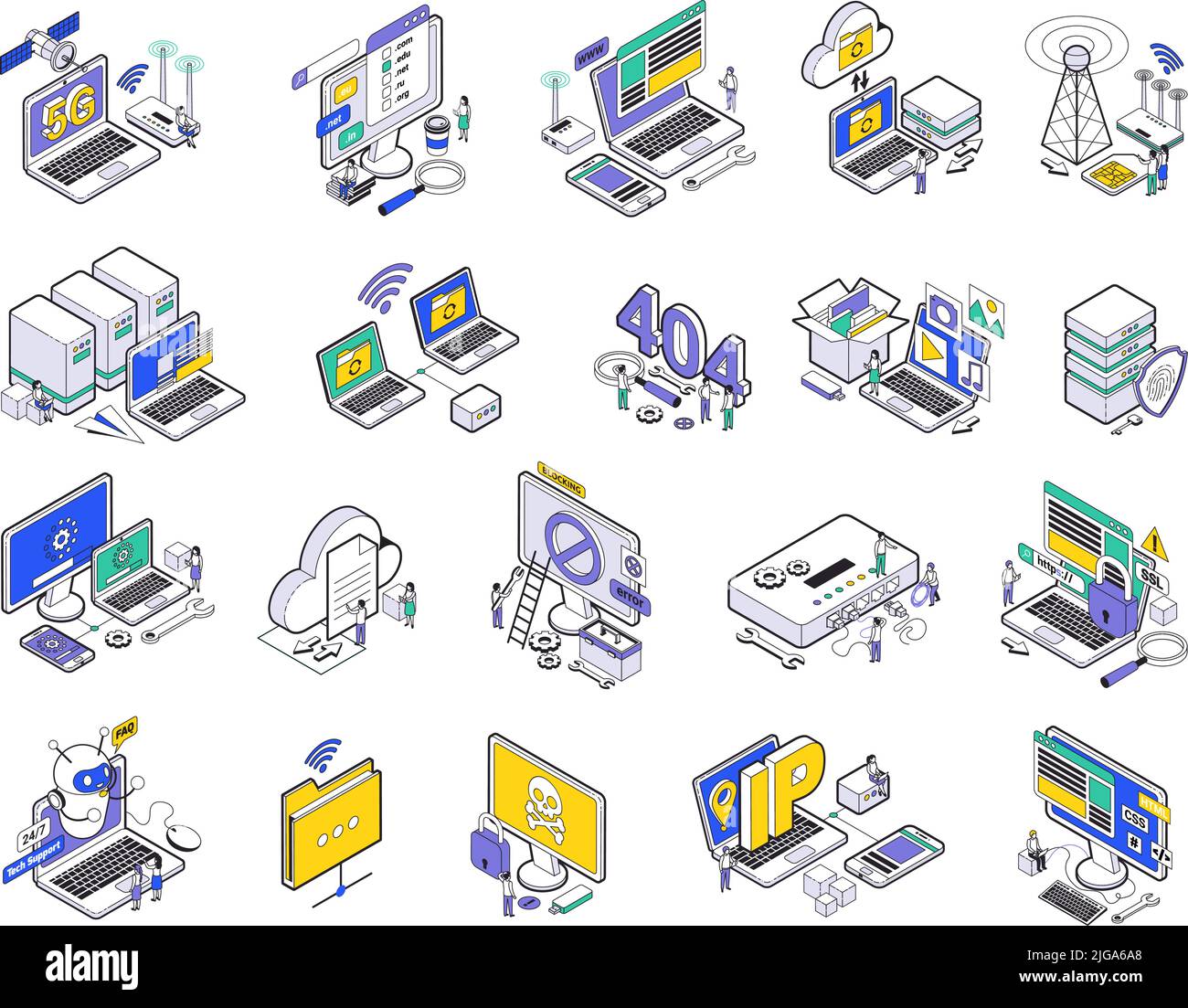 Isometric web hosting icon set with signs of errors five g wireless ...