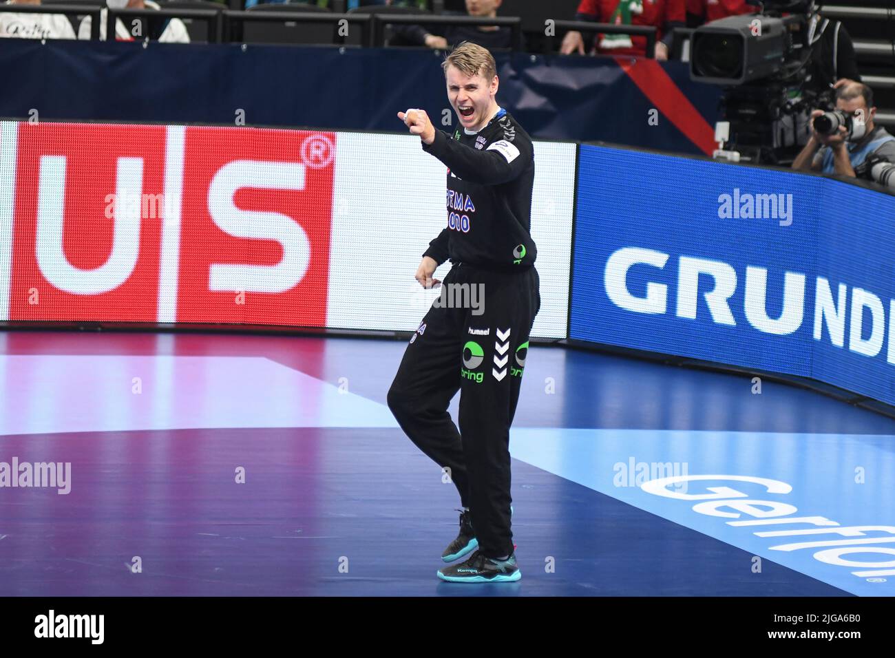 Kristian Saeveras (Norway) celebrates against Iceland. EHF Euro 2022. 5º placement match Stock Photo