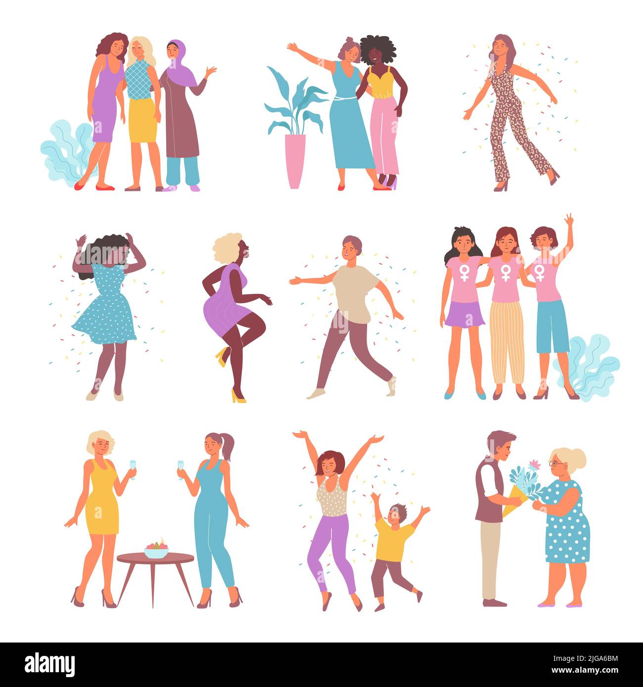International womens day icon set with female characters in different ...