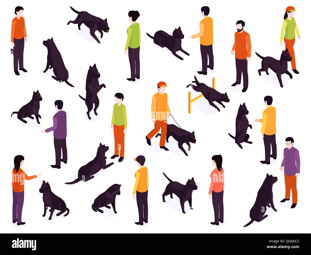 Isometric dog training color set of isolated icons characters of people ...