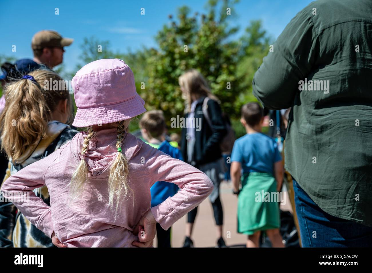 Elementary school class field trip to a outdoor zoo. Stock Photo