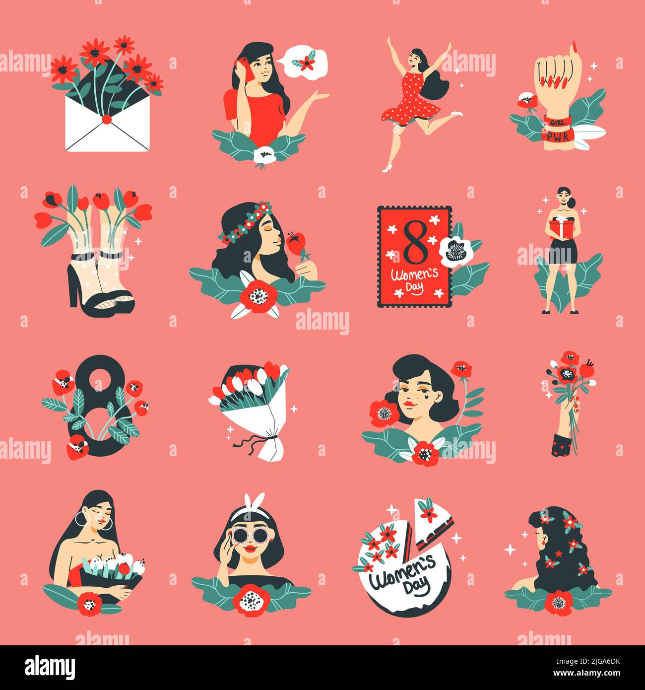 International womens day color set of isolated icons female characters images of flowers cards and gifts vector illustration Stock Vector