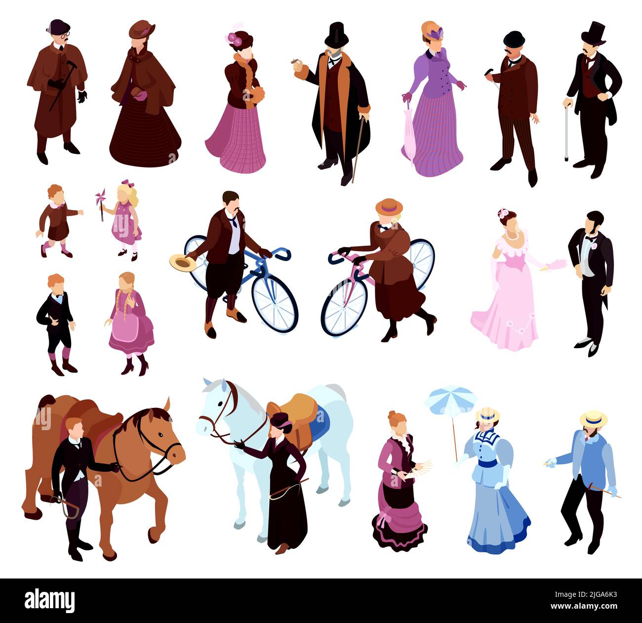 Isometric victorian lady gentlemen fashion set of isolated icons with characters of adult aristocracy and children vector illustration Stock Vector