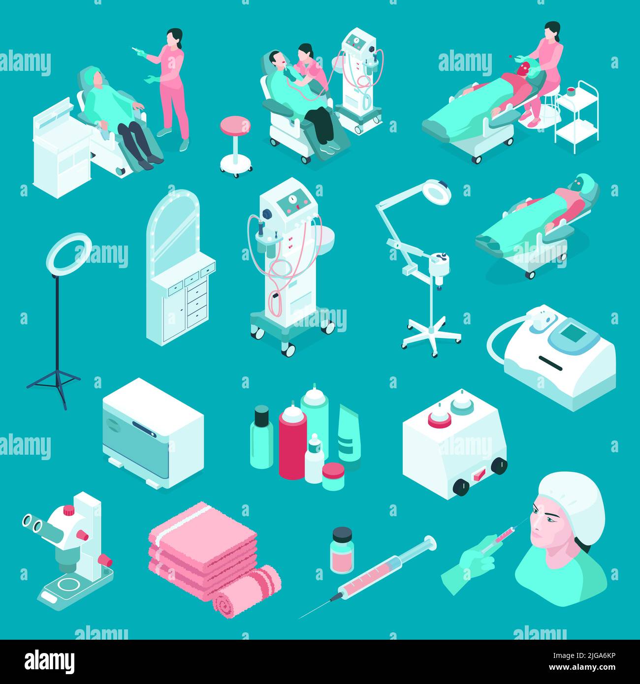 Cosmetology isometric 3d icons set with furniture equipment characters ...