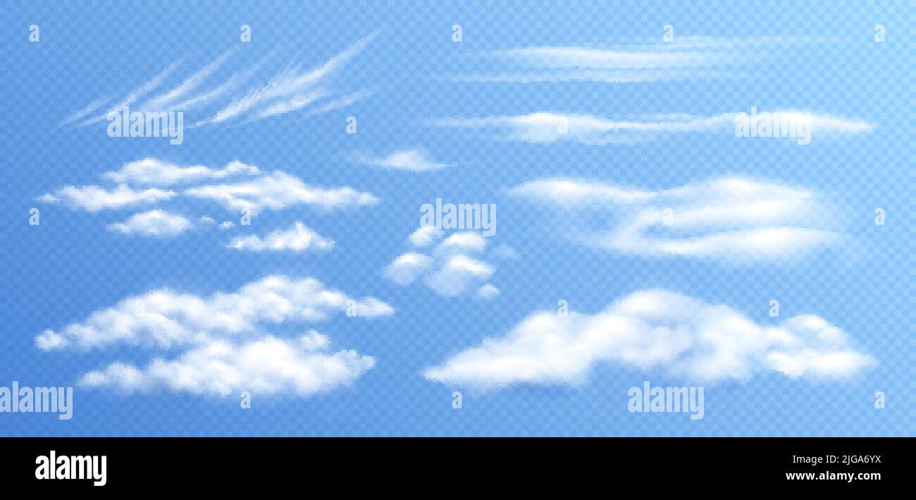 Clouds realistic set with isolated images of different types of clouds ...