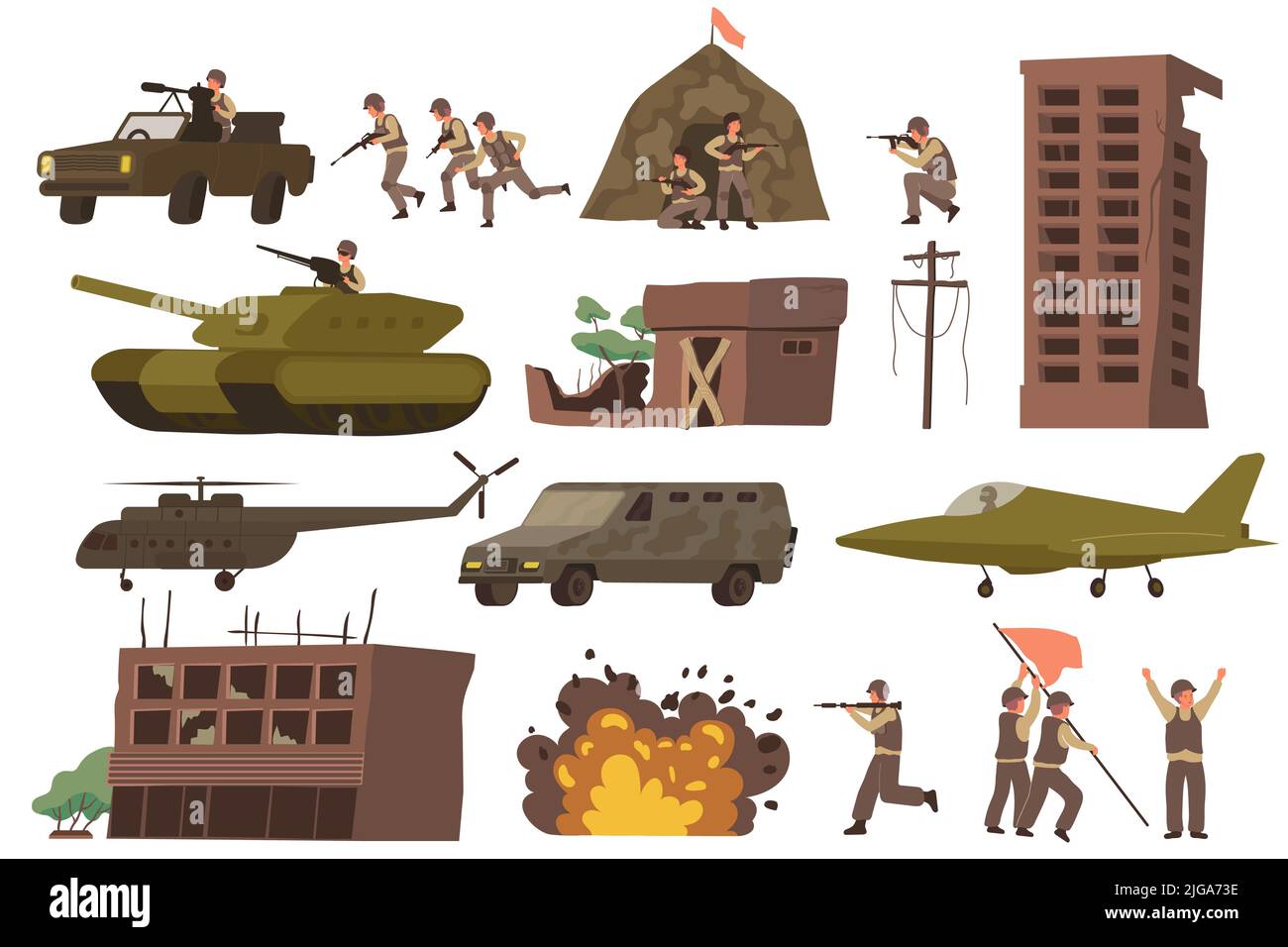 War flat icon set with destroyed buildings military tanks explosions helicopters and military aircraft vector illustration Stock Vector