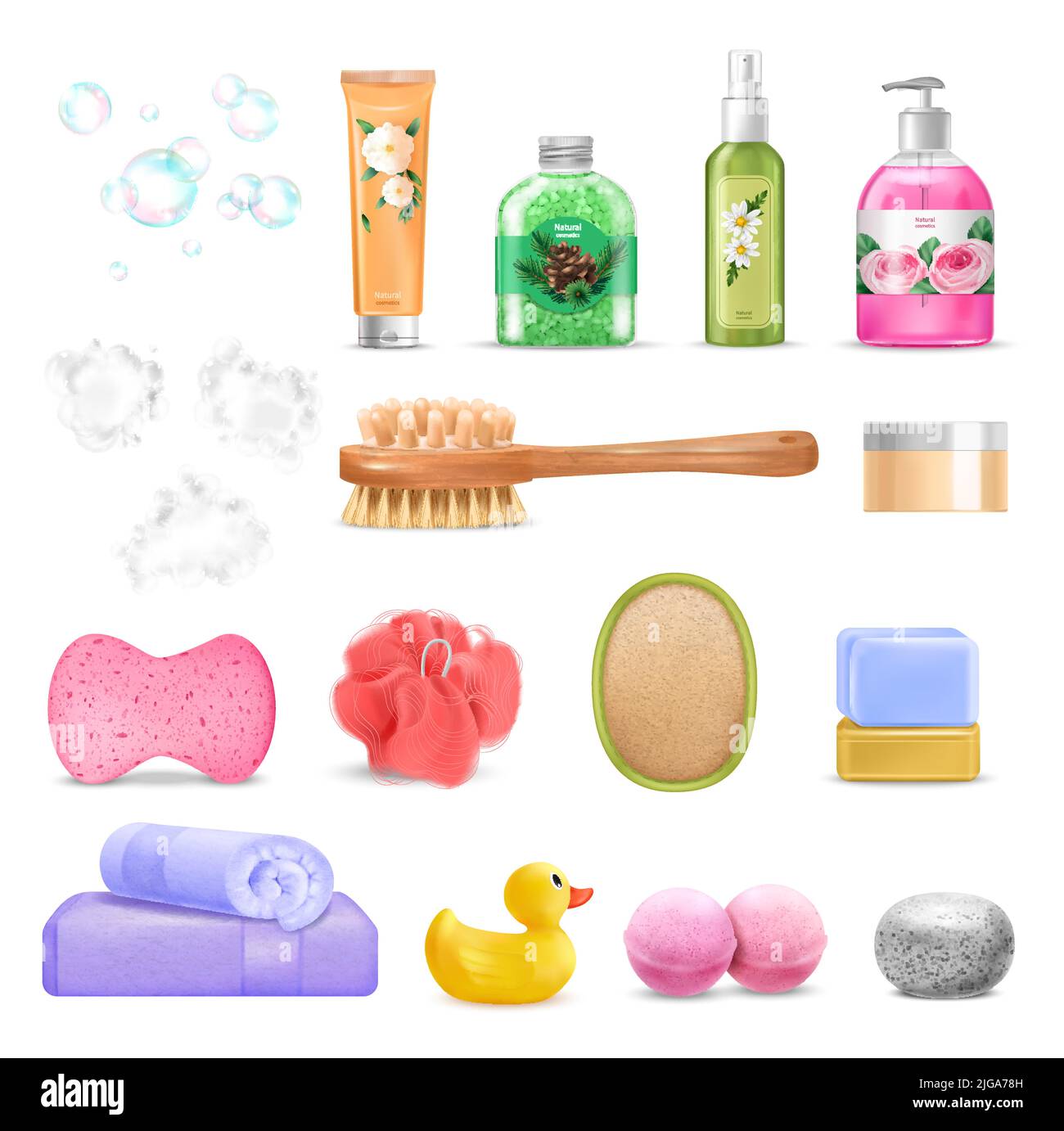 Bath wash realistic set with foam soap and brush isolated vector