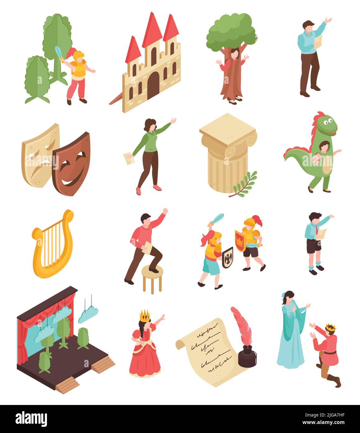 Acting school isometric icons set with drama classes students wearing costumes stage props isolated on white background 3d vector illustration Stock Vector