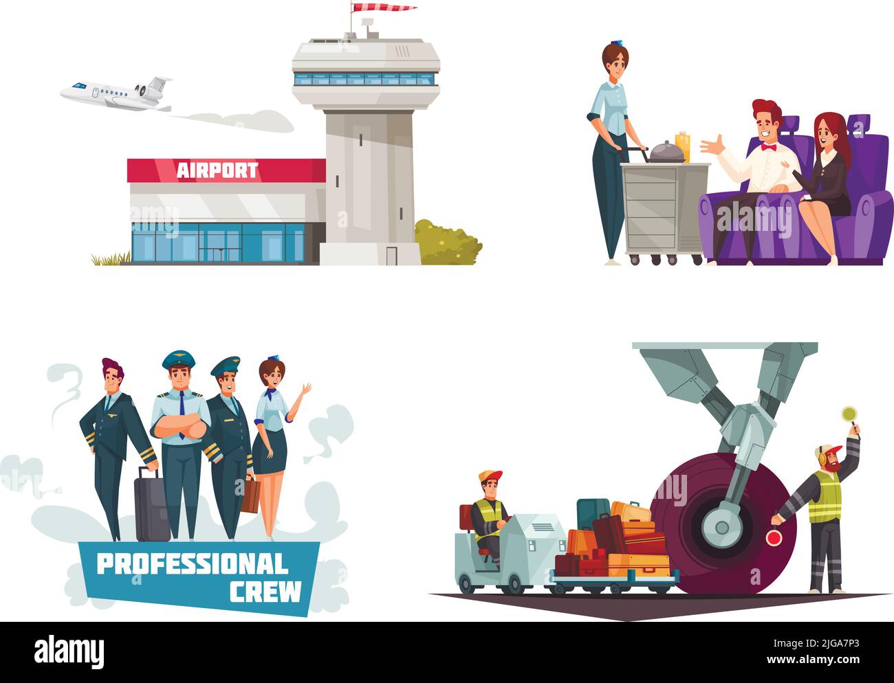 Airport cartoon concept with crew members luggage baggage collection delivery plane takeoff stewardess serving food vector illustration Stock Vector