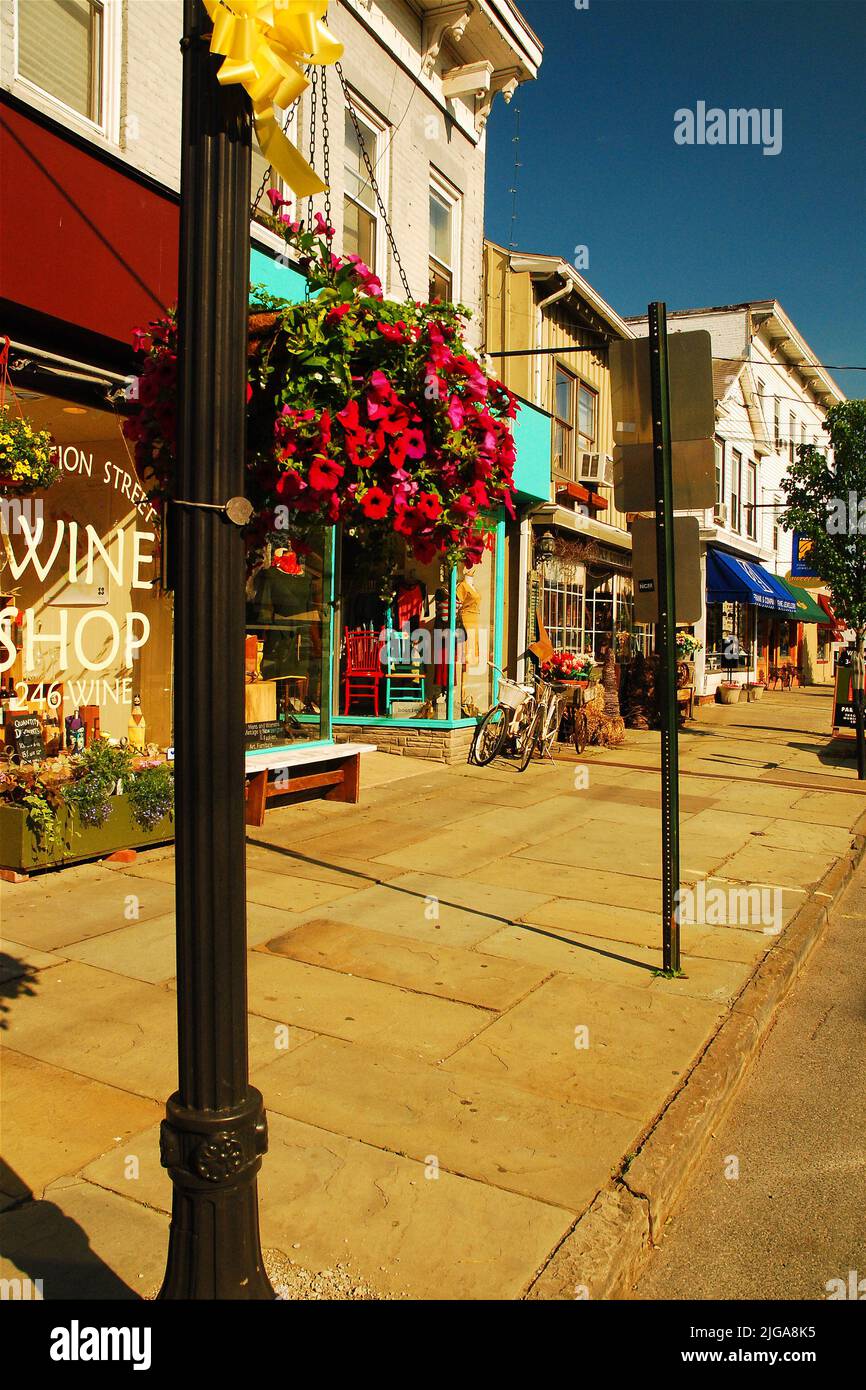 Potted flowers hang from charming lampposts in the quaint downtown