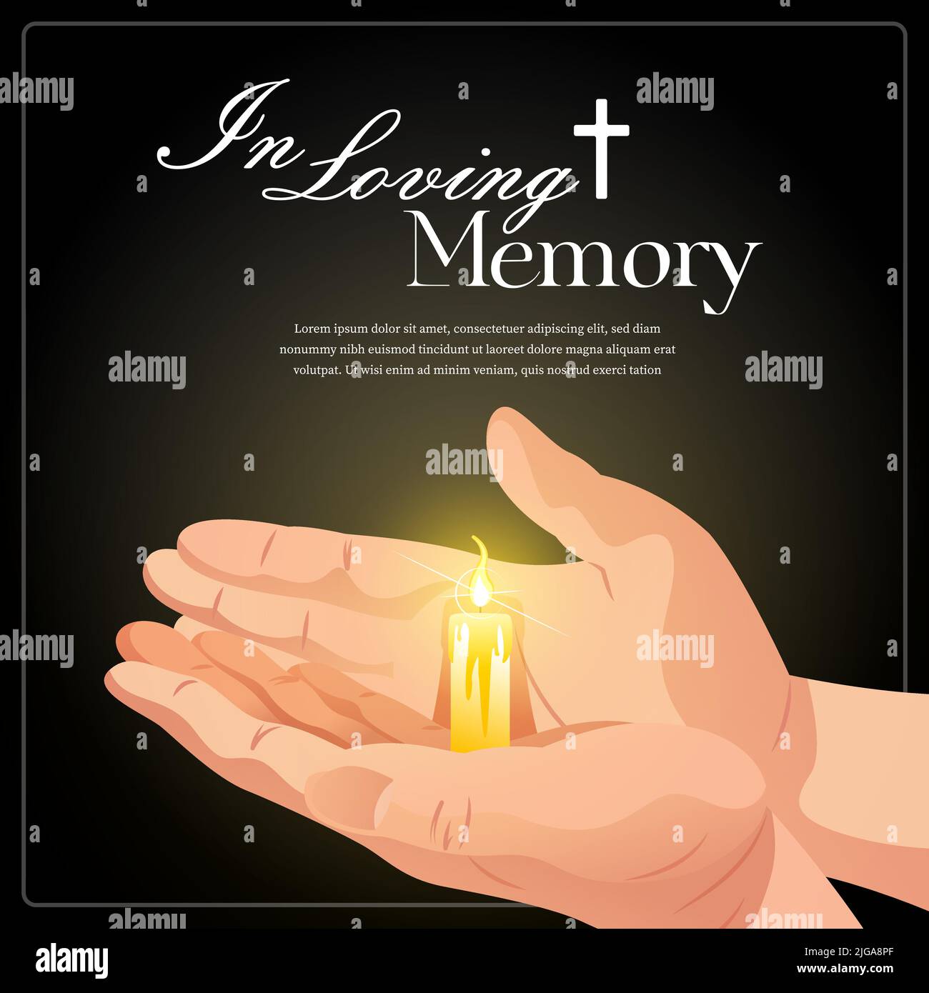In loving memory obituary poster with editable text and human hands holding burning candle realistic vector illustration Stock Vector