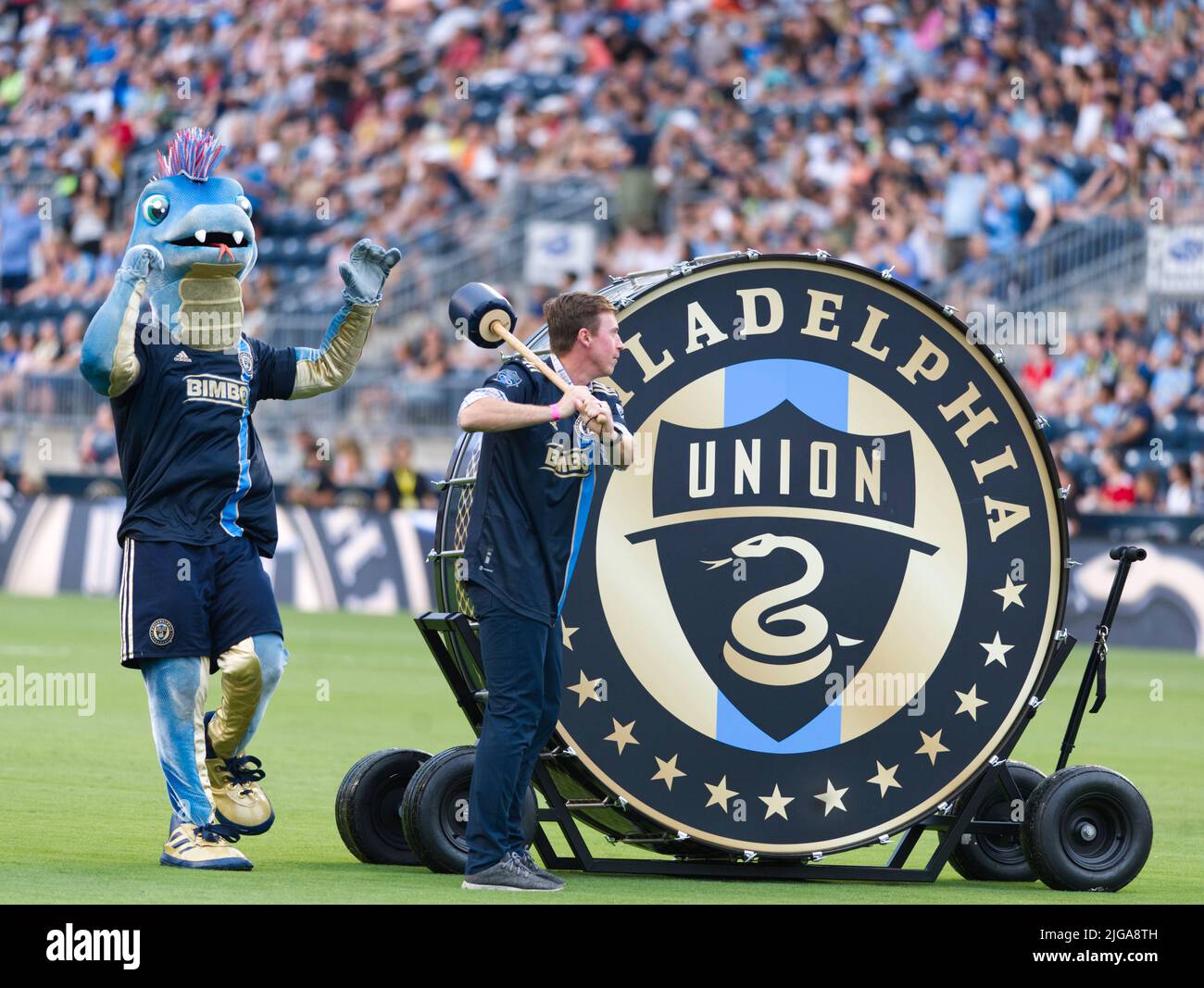 CHESTER, PA - JULY 16: Phang, the Philadelphia Union mascot, performs prior  to the Major League