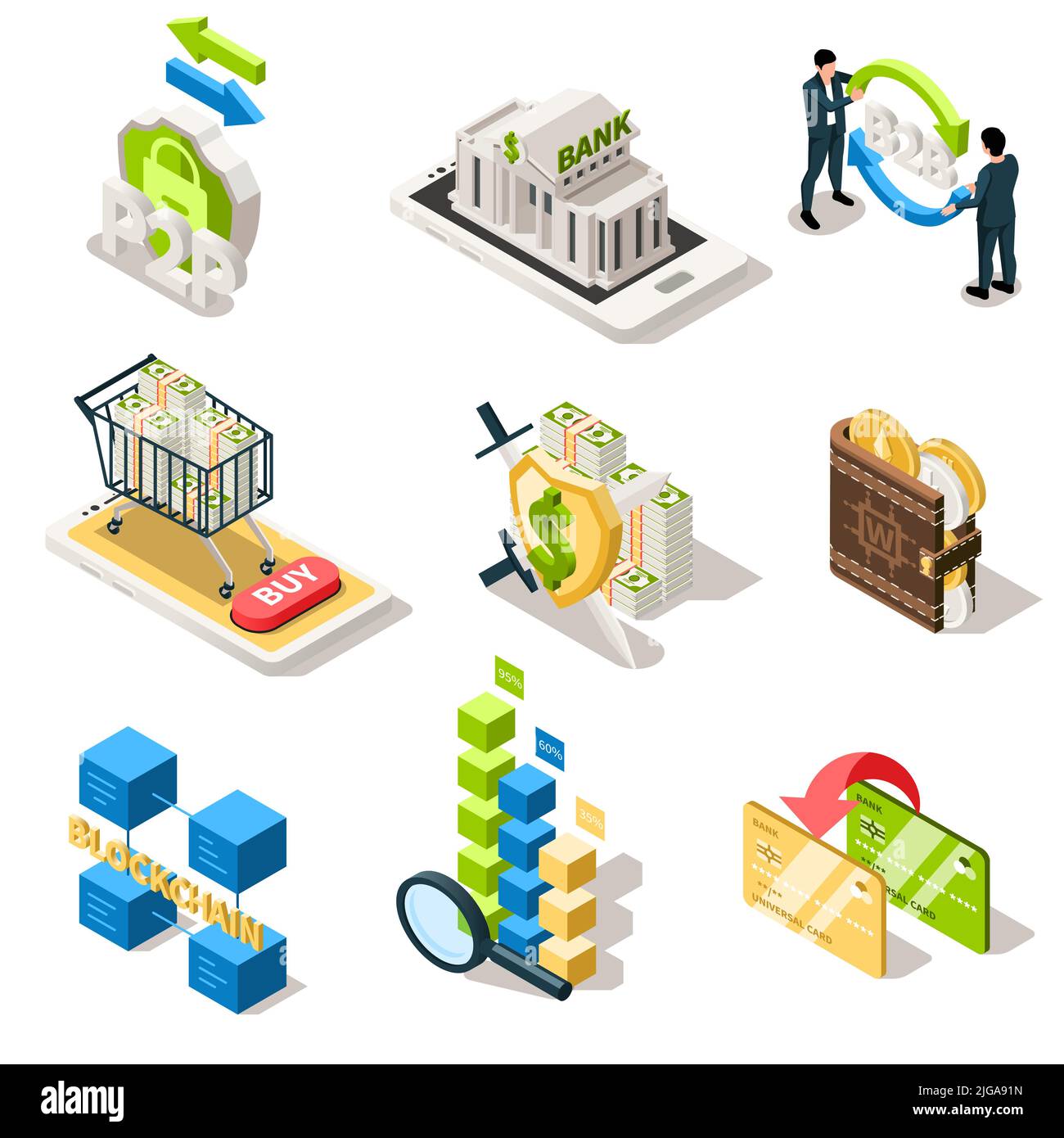 Fintech isometric set of isolated icons with transactions shopping card ...