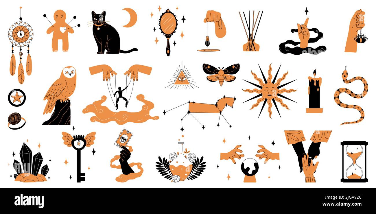 Set of isolated mystic boho color icons with totem animals marionettes and hands holding occult symbols vector illustration Stock Vector