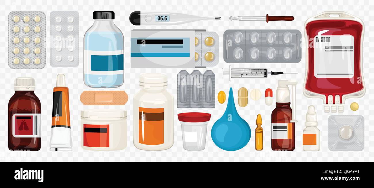 Healthcare medications horizontal set with isolated icons of pill ...