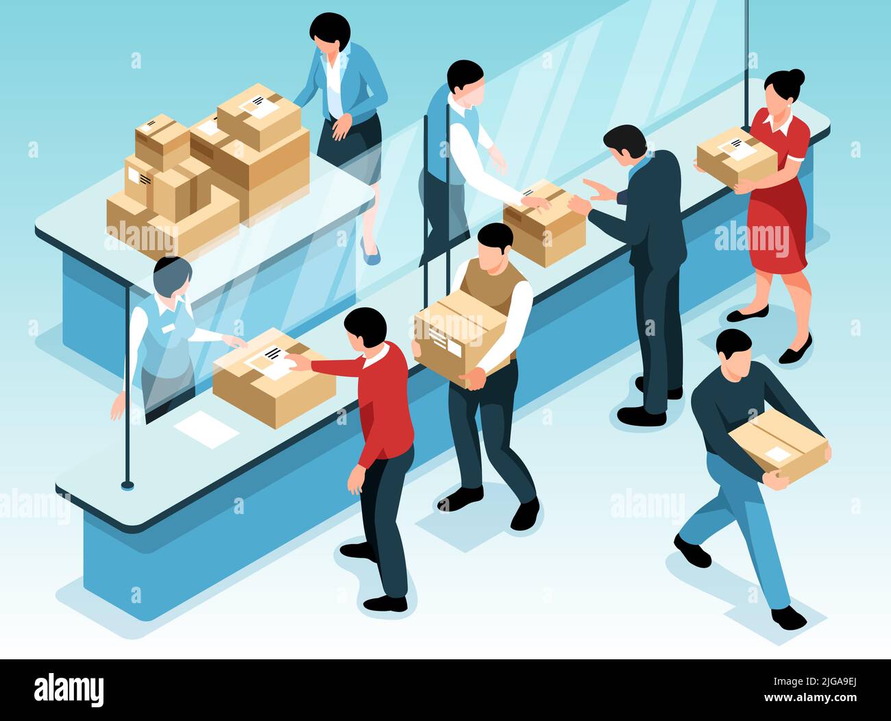 Post office horizontal background with working employees distributing parcels to incoming recipients isometric vector illustration Stock Vector