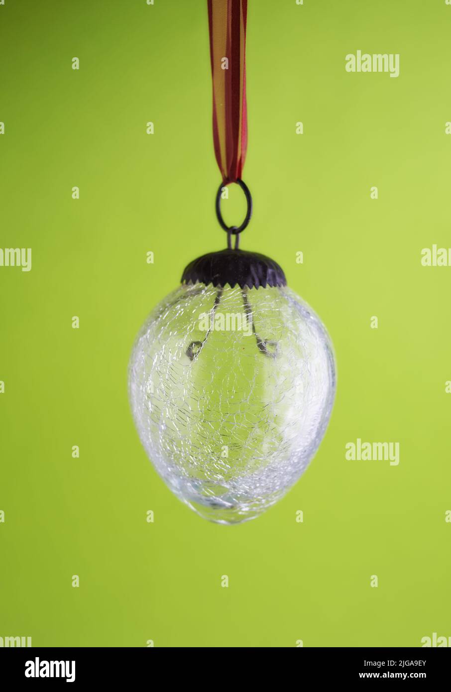 Closeup of a glass lightbulb against a green copyspace background. Zoom in on lightbulb details with no electricity to power, energy crisis, turned Stock Photo