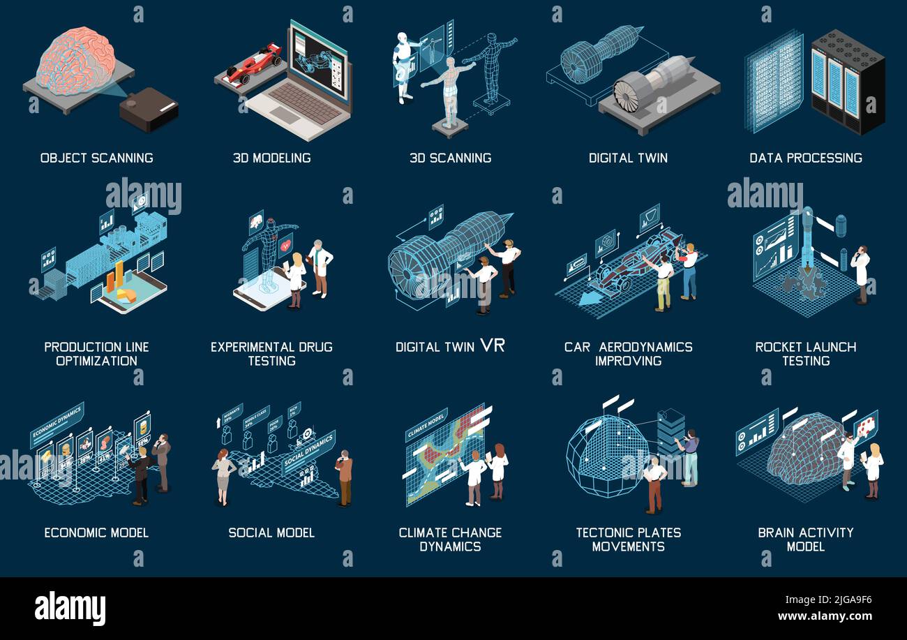 Digital twin technology isometric set with 3d modelling testing scanning isolated on dark background vector illustration Stock Vector