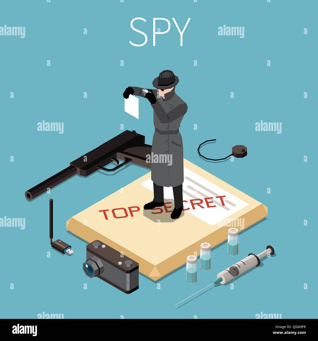 Male character of spy wearing black cloak stands on top secret files with camera syringe handgun on blue background isometric vector illustration Stock Vector
