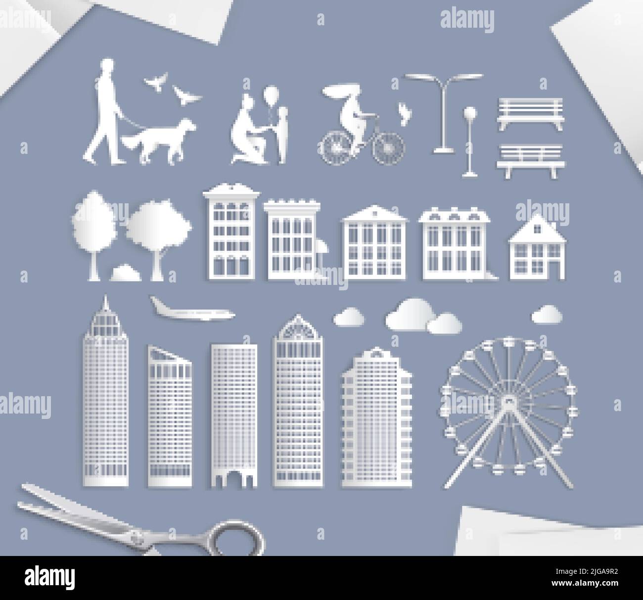 Paper city elements composition with images of sheets scissors and isolated icons of buildings park people vector illustration Stock Vector