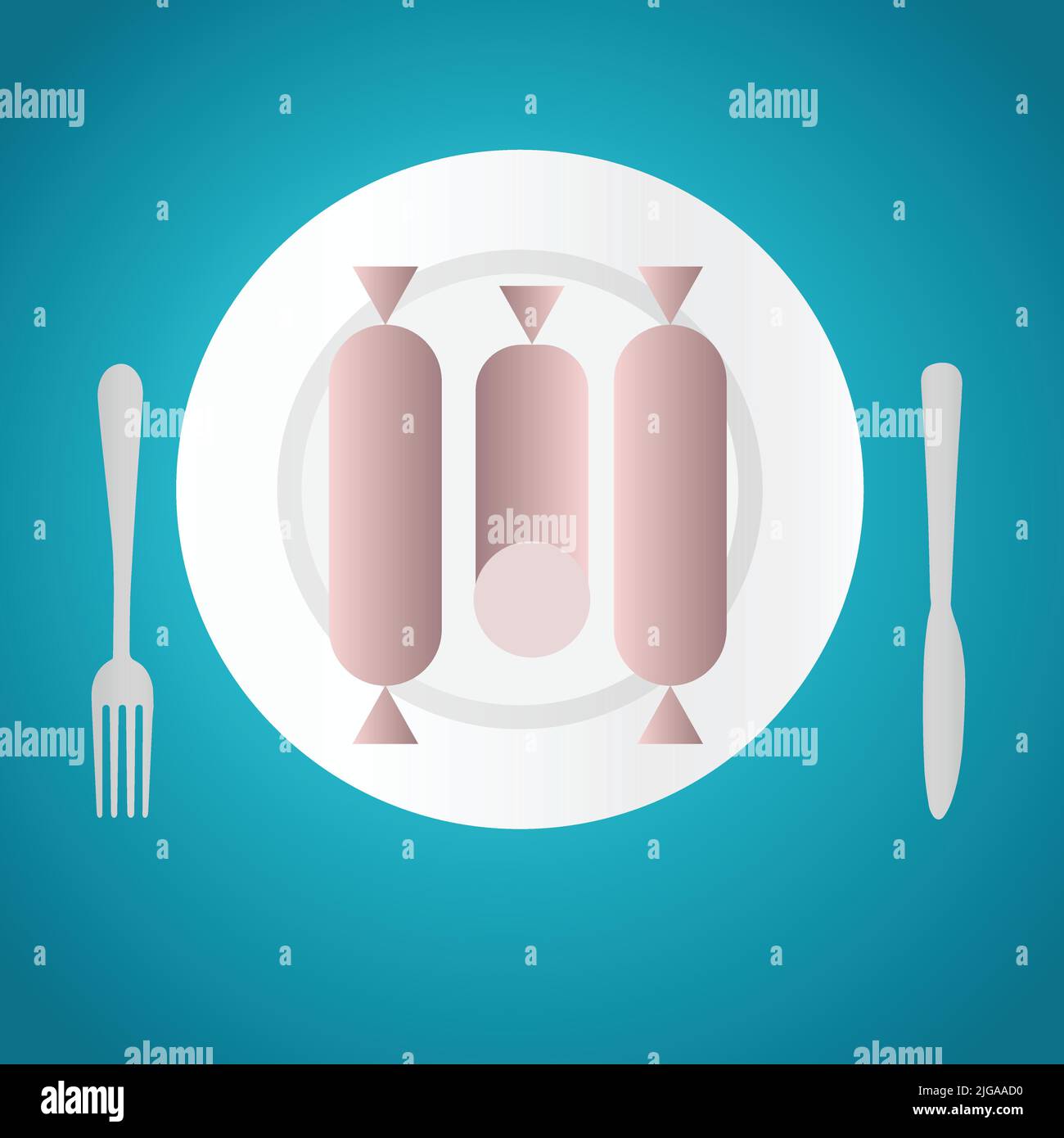 Frankfurters on a plate with fork and knife Stock Vector