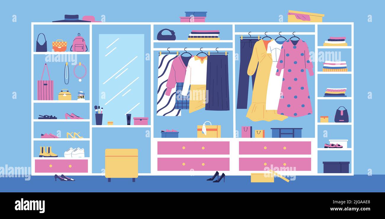 Trendy female wardrobe with clothing shoes accessories bijouterie mirror racks and drawers on blue background flat vector illustration Stock Vector